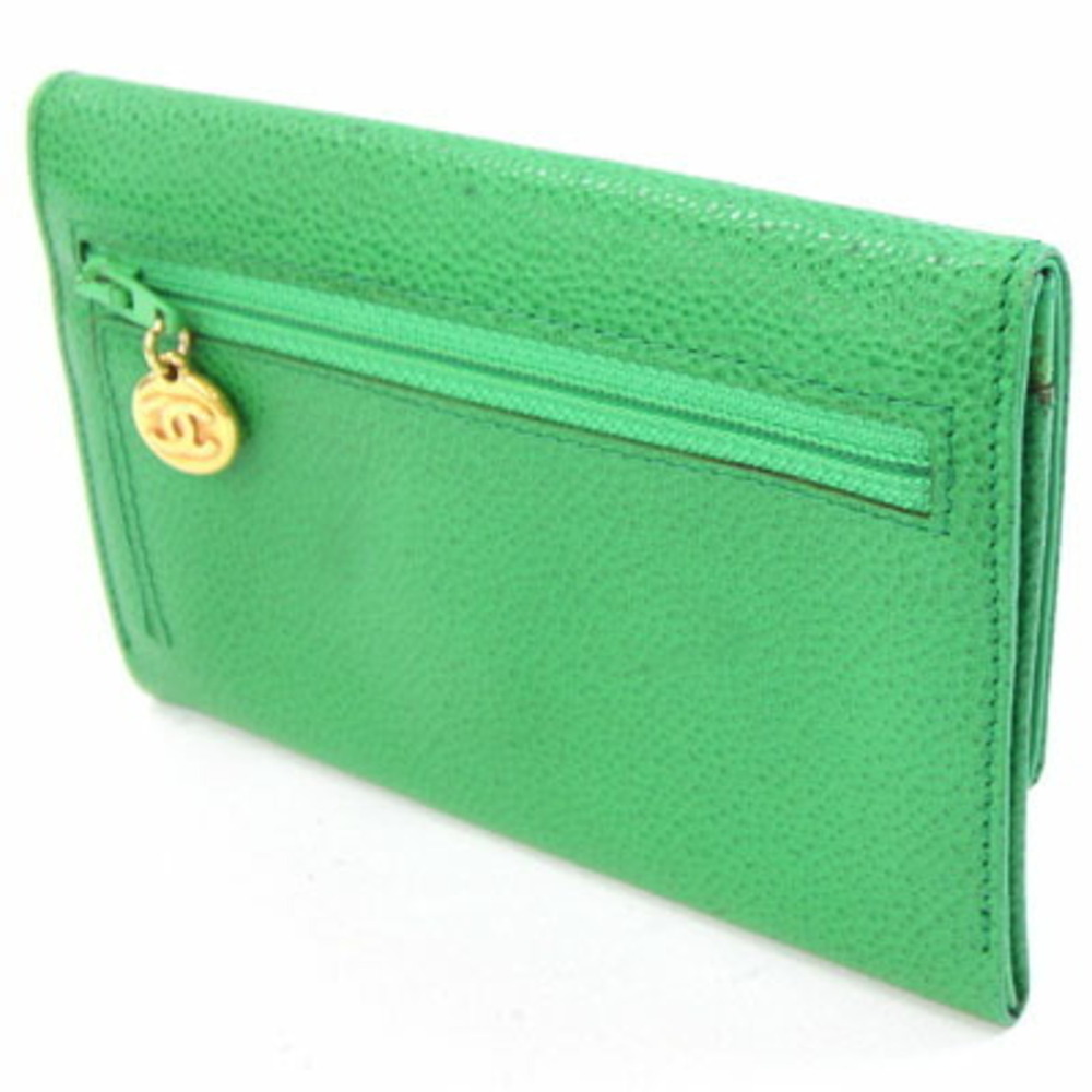 CHANEL Authentic Green Caviar Leather Logo Wallet - Picture 2 of 10